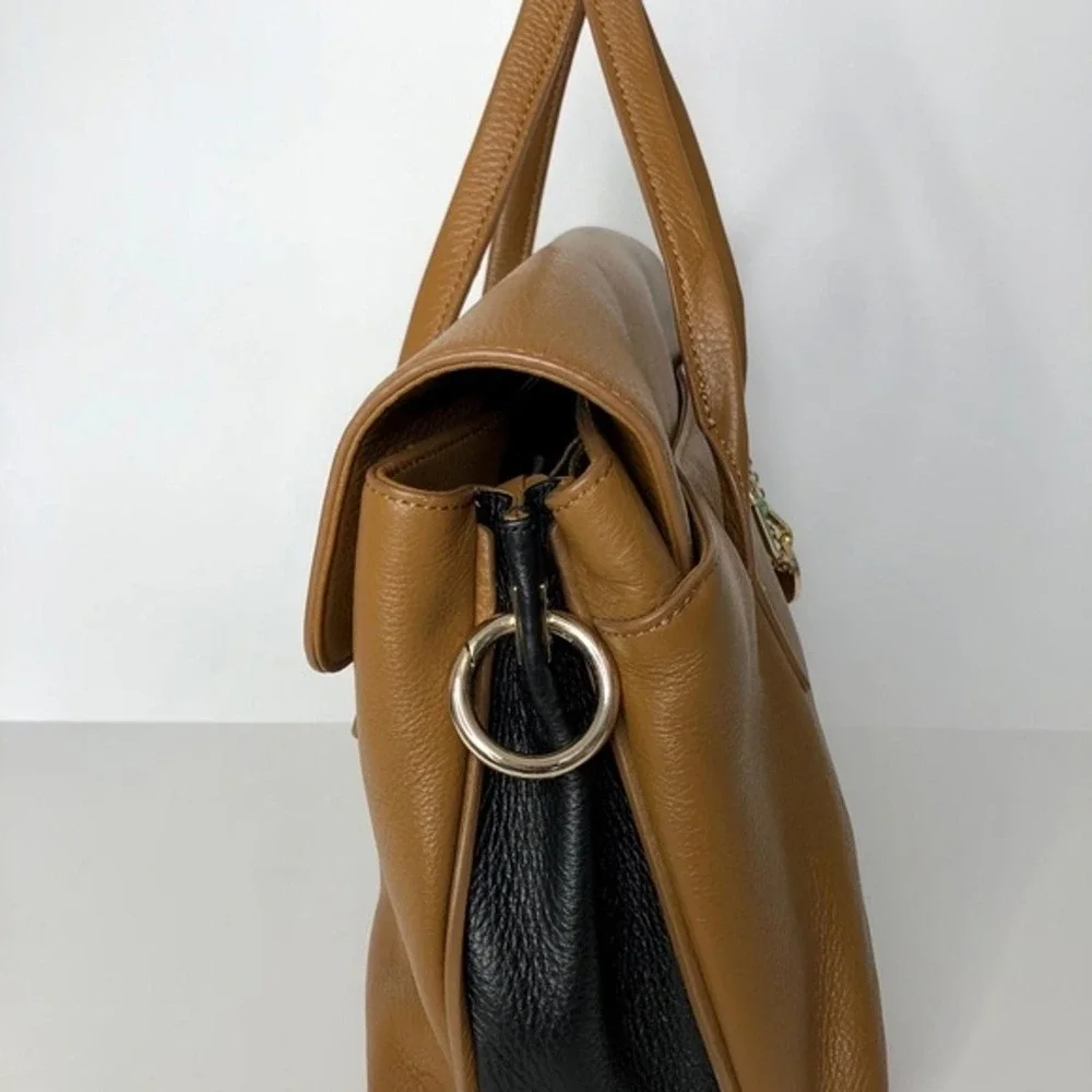 DKNY Tan Leather Doctor Satchel Handbag Black Trim Silver Turn-lock Closure